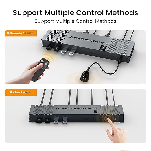 8K@60Hz HDMI+DP KVM Switch with 4-Port USB 3.0 Hub Dual HDMI Monitor KVM Switch for 2 Computers Supports Extended/Copy Mode Keyboard &amp Mouse Sharing Includes USB Cables &amp Remote Controller