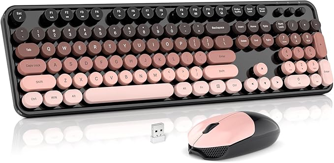 Wireless Keyboard and Mouse Combo MOWUX Full Size Typewriter Retro Round Computer Keyboard Cute Optical Mouse Wireless Plug and Play for Laptop PC Computer- BlackBerry Gradient