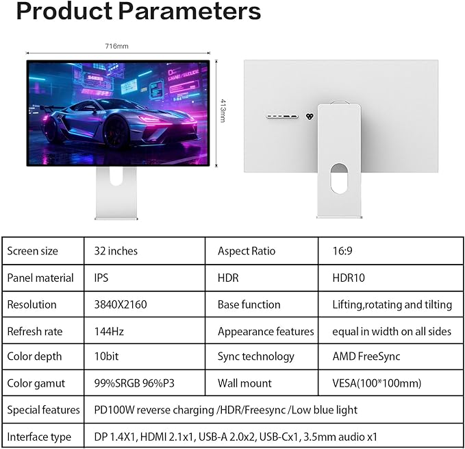 P32K 32 inch FHD (3840 x 2160) 4K 144HZ Gaming Monitor IPS Black Panel 1.07 Billion Colors 99% sRGB 5msHDR10G-Sync FreeSyncHDMIDPVESA178° Viewing Angle (Minimalist - Without Stand)
