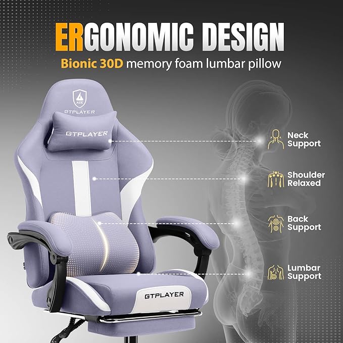 GTPLAYER Gaming Chair with Foot Rest &amp Pocket Spring Cushion Breathable Fabric for Home Office Desk Ergonomic High Back Computer Chair with Headrest &amp Lumbar Support Lavender Purple