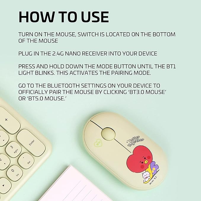 BTS Inspired Characters Multi Pairing Wireless Mouse Little Buddy Baby Better Together Edition All in Their Own Cute Style &amp Colors (SHOOKY)