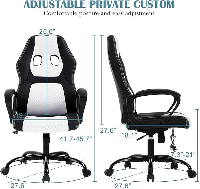 Executive PC Gaming Chair with Lumbar Support &amp Headrest - Ergonomic Leather Racer Task Chair for Home Office Gaming Room - Heavy Duty &amp Comfortable (White)