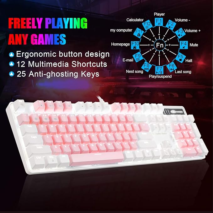 MageGee Mechanical Gaming Keyboard New Upgraded Blue Switch 104 Keys White Backlit Keyboards USB Wired Mechanical Computer Keyboard for Laptop Desktop PC Gamers(White &amp Pink)