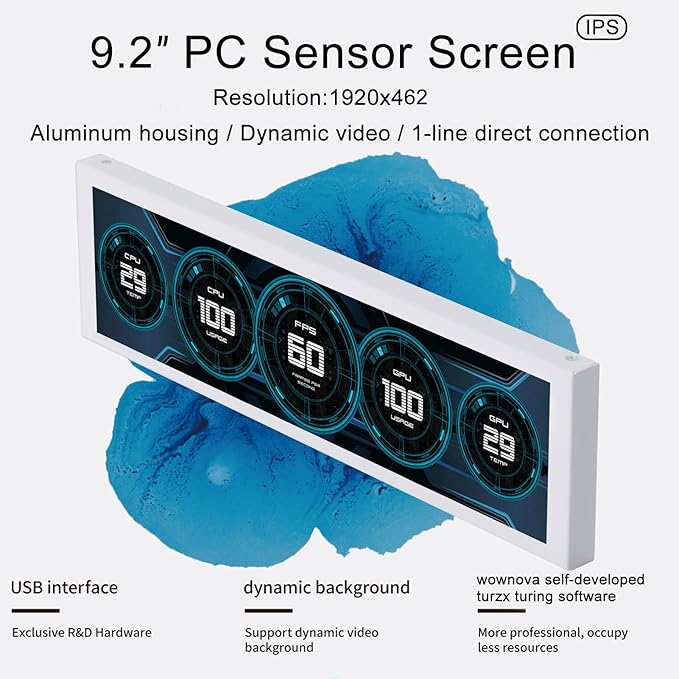 WOWNOVA 9.2 LCD Screen Inside PC Case Computer Temp Monitor Screen 1 Click 1 Cable to Get Started Quickly PC Temperature Display IPS Sensor Panel CPU RAM HDD Data FPS Mini Monitor (Black)