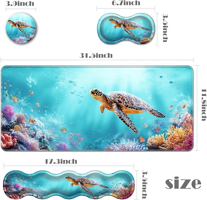 Ergonomic Keyboard Wrist Rest &amp Mouse Pad Wrist Rest SetXL Gaming Desk Mat 31.5x 11.8Non-Slip BaseMemory FoamEasy Typing Pain Relief for Office &amp HomeSea Turtle with Tropical Fish