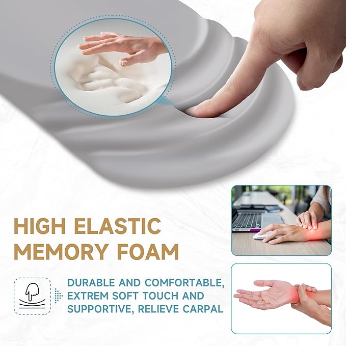 Ergonomic Mouse Pad with Wrist Rest SupportNon-Slip PU BaseMassage for Carpal Tunnel Pain ReliefMemory Foam Mousepad for HomeOfficeWork（Gray）