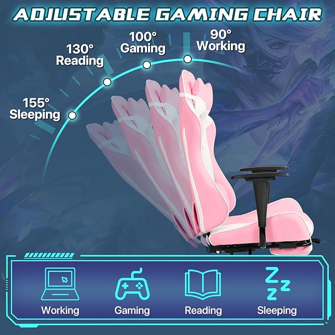 Ergonomic Gaming Chair - Reclining Computer Chair with Lumbar Support &amp Headrest Pillow Adjustable Footrests 90-135° Recline for Home Office &amp Gaming Heavy Duty 250lbs Capacity Pink