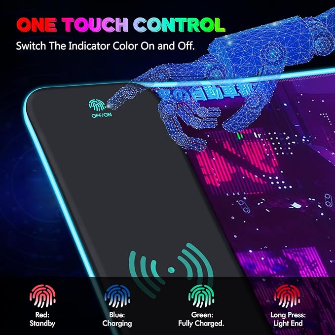 RGB Mouse Pad with 15W Wireless Charging Purple Anime Neon Extended Large LED Gaming Mouse Pad Non-Slip Rubber Base 10 Light Modes Desk Pad for Home Office-Warrior Cat