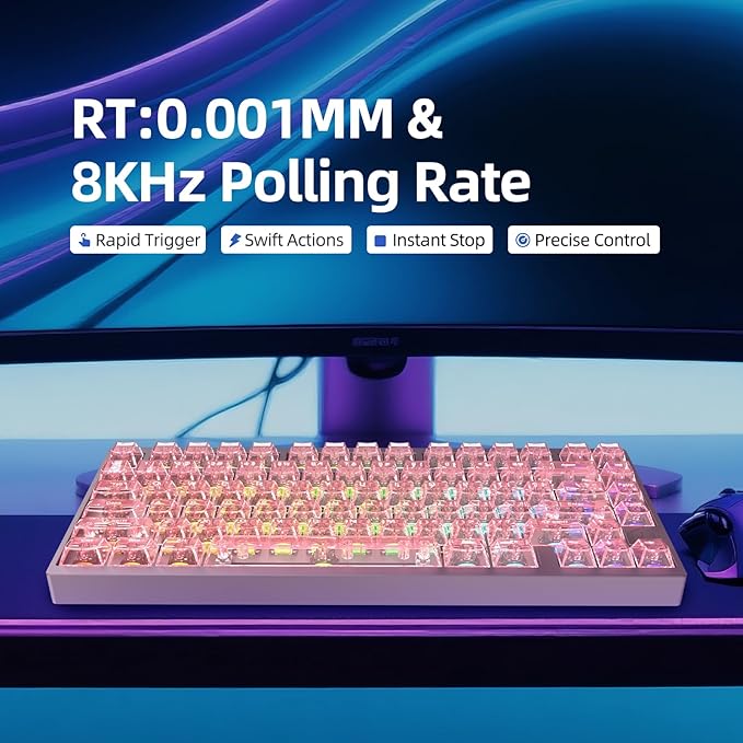 MG75MAX 81 Keys Wired Magnetic Switch Keyboard 256KHZ Single Key Scan Rate PCB Nano-Coating Waterproof Hall Effect 8KHZ/ARGB/CNC Aluminum Gaming Keyboard(Pink)
