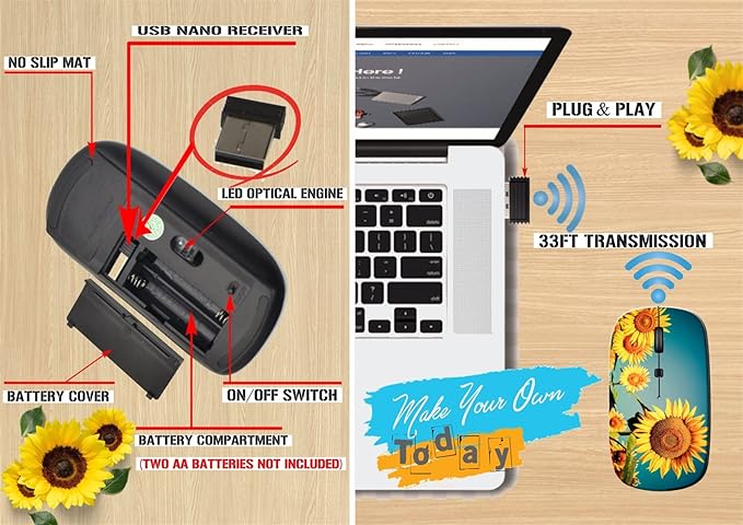 maizi Mouse Wireless for Mac Computer Personal Laptop Mice Wireless 30002157 Sunflower Field Under 2.4G Lightweight with USB Receiver Printed in USA