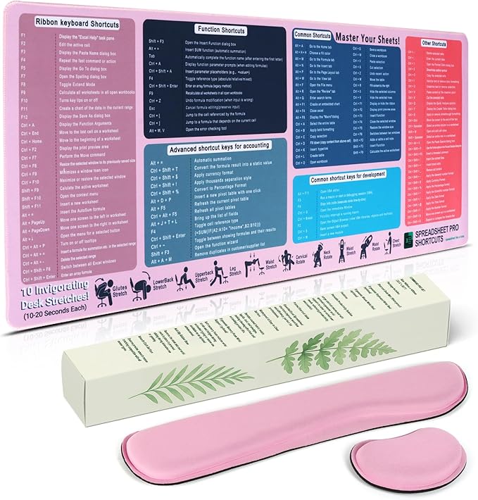 Excel Cheat Sheet Mouse Pad Set | 3-Piece XXL Ergonomic Desk Mat with Wrist Rest for Office &amp Gaming(Blush)