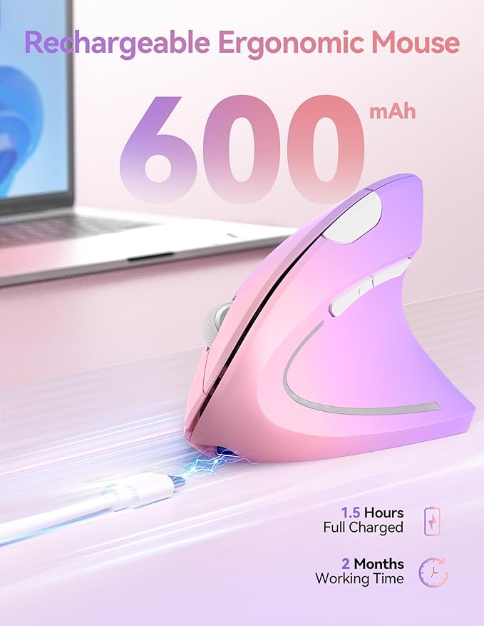 TECKNET Ergonomic Mouse Wireless Rechargeable Vertical Mouse for Carpal Tunnel Right Hand 4800 DPI 5 Adjustable Levels 2.4GHz with USB-A Receiver Silent Click for Laptop PC MacBook Desktop
