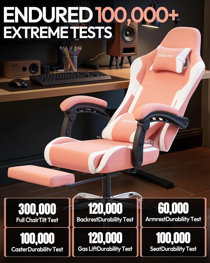 Dowinx Ergonomic Pink Gaming Chair with Footrest &amp Massage Lumbar 2D-Linkage Armrests for Cute Aesthetic Esports Chair for Girls Office Home and Long Gaming Sessions Pink