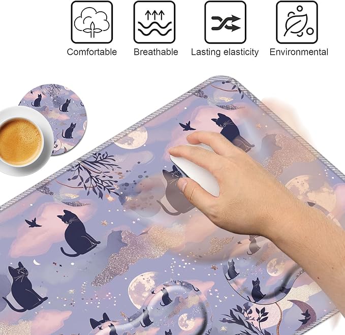 Keyboard Mouse Pad SetLarge Mouse Pad+Keyboard Wrist Rest+Wrist Support+Coaster31.5x11.8in Extended Desk Mat for Computer Laptop Office Home - Cute Cat and Moon