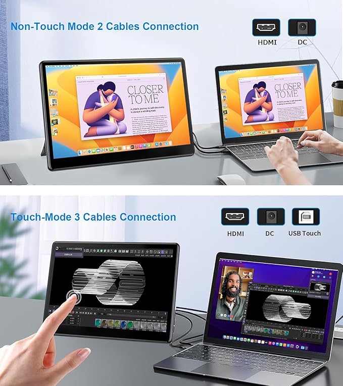 13.3'' Portable Touch Screen MonitorVESA Touchscreen Display1080P 10-Point HDMI VGA Port Ultra-Slim Portable Laptop Touchscreen Monitor for PC MacBook Phone PS Xbox(13.3 inch) 1