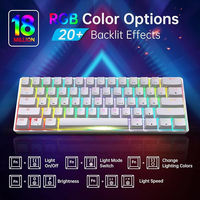60% Mechanical Gaming Keyboard - 61 Keys Brown Switch Quiet Office Computer Keyboard - Multi Color RGB Rainbow Led Backlit - Programmable for PC/Windows/Mac/Gamer - USB Wired - White