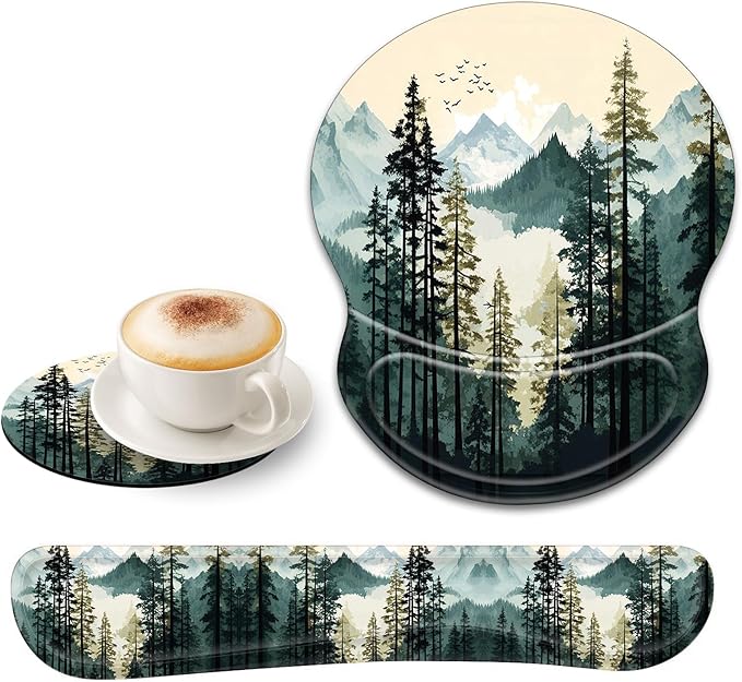 Bxgolkgd Ergonomic Gel Mouse Wrist Rest Pad and Keyboard Pad SetAnti-Slip PU Bottom Easy Typing and Relieve Wrist Pain with Cute Coaster Set (3-Mountain Forest)