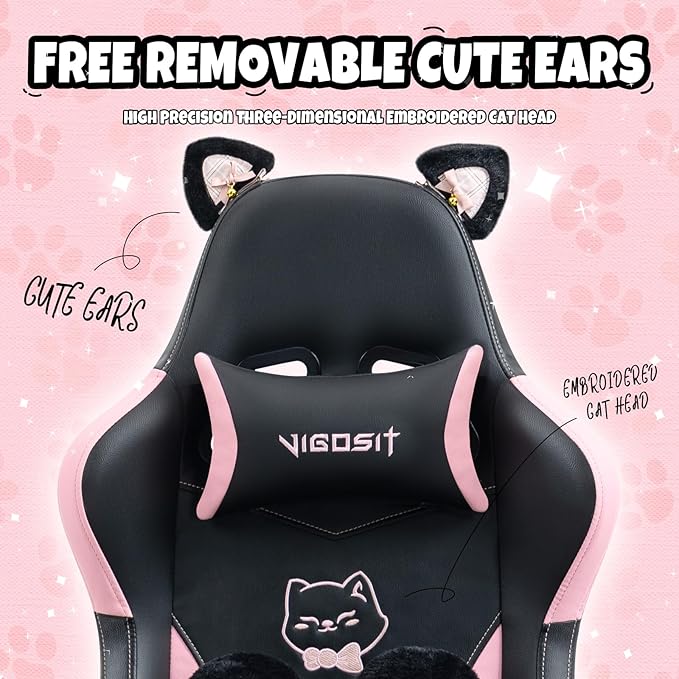 Black Cute Cat Gaming Chair with Paw Lumbar Cushion Ergonomic High-Back Gamer Chair for Boys and Girls Adjustable PC Video Game Chair for Bedroom Study Home Office
