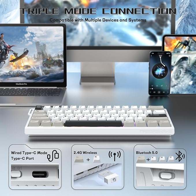 MAMBASNAKE X60 HE 60% Rapid Trigger Wireless Gaming KeyboardHall Effect Magnetic SwitchesAdjustable Actuation0.1ms Ultra-Low Latency 8KHz Polling Rate3-Mode RGBPBT Keycaps for Win/Mac-Star White