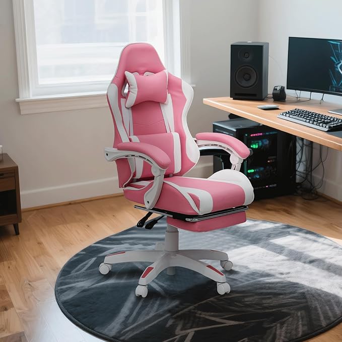 Gaming Chair Ergonomic Computer Chairs with Arms Lumbar Support Footrest Headrest 360°Swivel Chair Adjustable Back and Height Leather PC Chairs for Gaming Study Office Pink