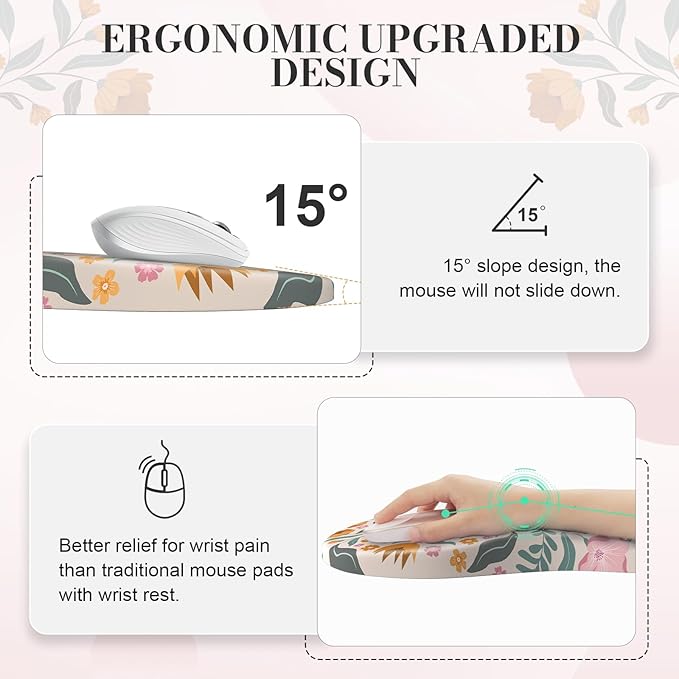 Keyboard Wrist Rest and Table Mat Set Desk Cover matPink Mouse pad with Wrist Rest with Coaster for Office TableNon Slip mat for Girly Office Accessories-Floral