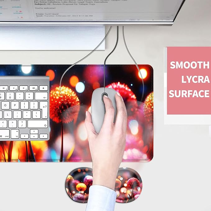 Mouse PadLarge Desk Mat Set 4in1 XL Mousepad + Keyboard Wrist Rest+Mouse Wrist Rest+Coaster with Ergonomic Desk Pad for Home Office Table Computer Cover -Colorful Glowing Dandelions