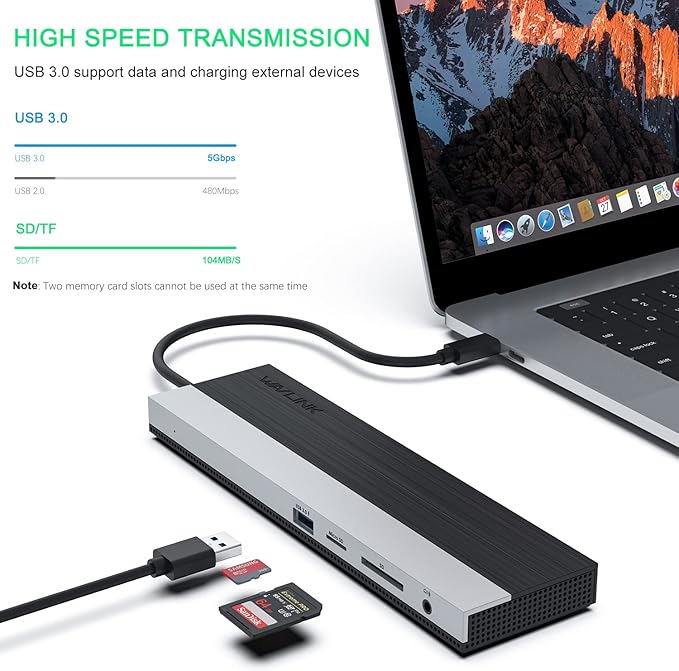 WAVLINK USB C Docking StationTriple Display Type C Adapter for MacBook ProDell XPS 13/15HPLenovo Yoga(HDMIDisplayPortVGAEthernet2 USB 3.0/2.0SD/TF Card Reader3.5mm Audio100W PD3.0)