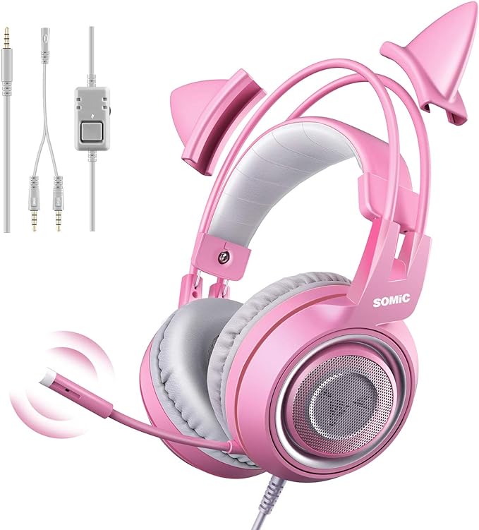 SOMIC G951s Pink Stereo Gaming Headset with Mic for PS4XboxPCMobile Phone3.5mm Noise Reduction Cat Ear Headphones Lightweight Over Ear Headphones for Woman