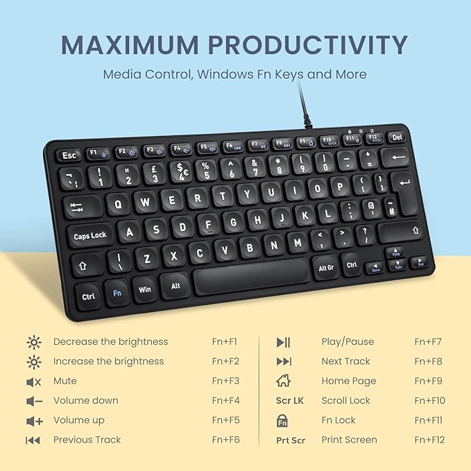 Perixx PERIBOARD-432 Wired Mini USB Keyboard - X Type Scissor Keys - Big Print Keys - US English Black