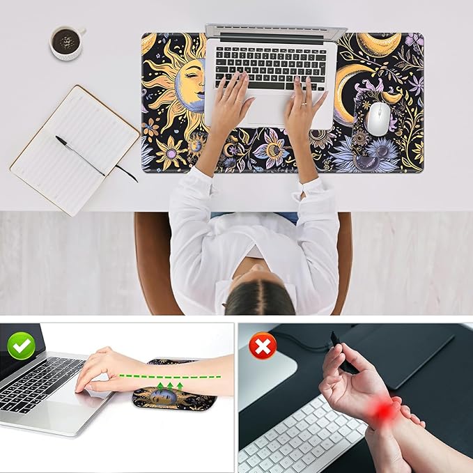 Wrist Rest Pad Small Mouse Pad and Office Desk Mat Set 3 in 1 Desk Pad 11.8 x 23.6+Mousepad +Mouse Wrist Rest with Ergonomic Design Non-Slip for Home Gaming Computer Purple Flower Sun