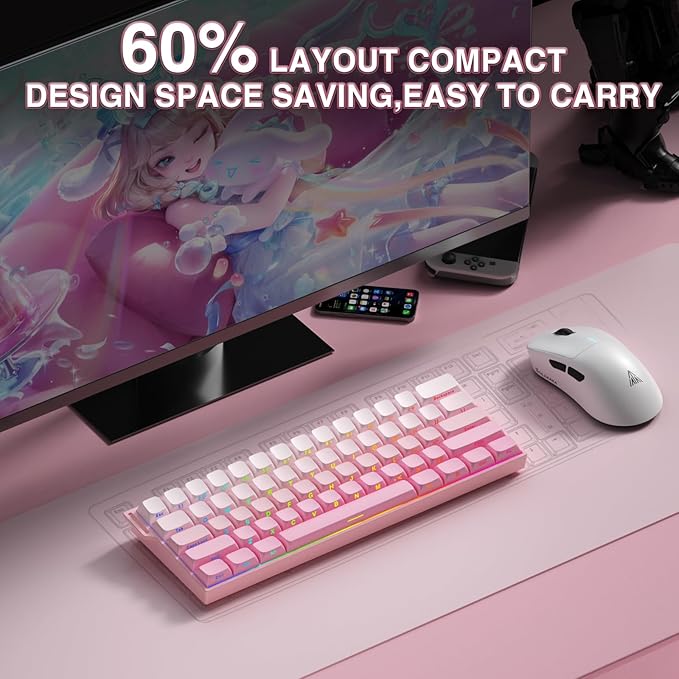 Aula MINI60 HE PRO - 60% Mechanical Gaming Keyboard Wireless Hall Effect Magnetic Switch Hot Swappable Adjustable Actuation Rapid Trigger Mode 8000 Hz Polling Rate 60 Percent Compact Design Pink