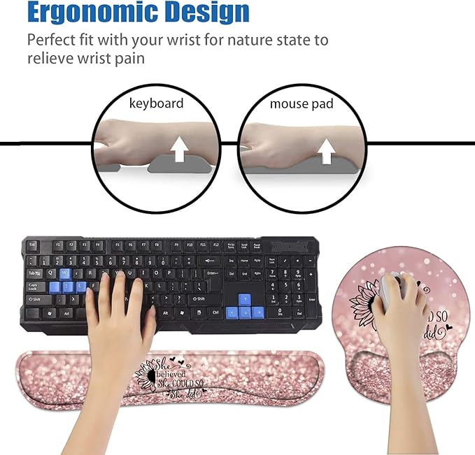 Keyboard Wrist Rest and Mouse Pad Wrist Support Set with Coasters She Believed She Could So She Did Inspirational Quote Wrist Mouse Pad with Non-Slip PU Base for Home Office Working Studying