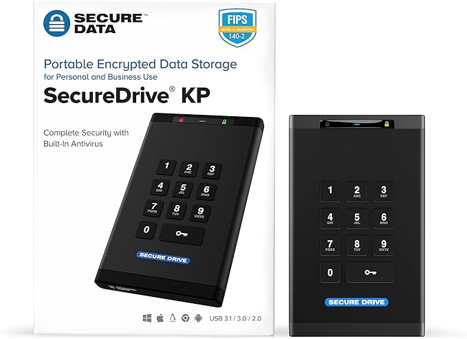 SecureData SecureDrive KP 1TB SSD Hardware Encrypted USB 3.0 External Drive FIPS 140-2 Level 3 Unlock via Keypad TAA Compliant CJIS HIPAA CMMC GDPR Compliant Works with Mac and Win Free AV