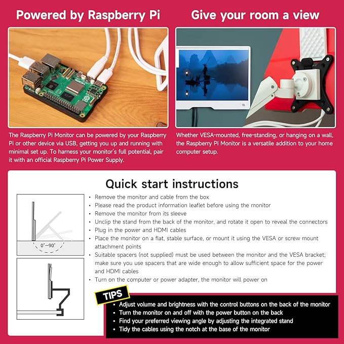 waveshare Pi Monitor Kit Comes with an Official Raspberry Pi 15.6inch Monitor 1920×1080 Resolution Standard HDMI Port IPS VESA Mounting Support Bundle with Accessories (6 Items)