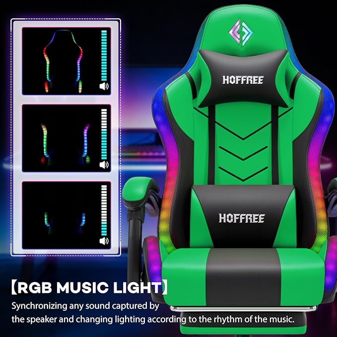 HOFFREE RGB Gaming Chair with Rhythm LED Lights and Speakers Massage Computer Chair with Footrest Music Video Game Chair High Back with Lumbar Support Green