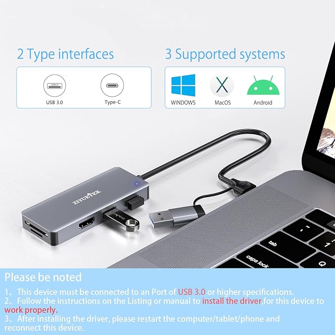 USB 3.0 to hdmi Adapter&ampUSB c to hdmi Adapter 2 in 1ZIYUETEK 5-in-1 USB C and USB3.0 Docking Station Suitable for MacBook Pro/Air/M1/M2/Mac Windows7/8/10/11 Android 7 and Above
