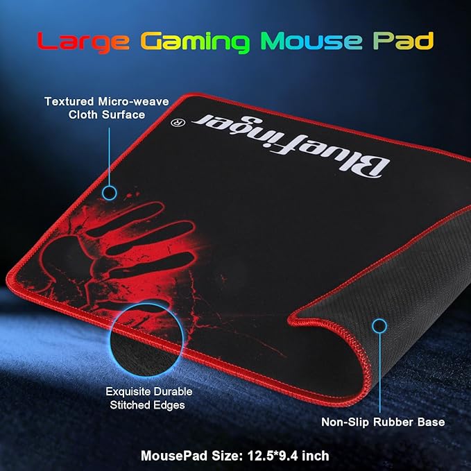 BlueFinger Gaming Keyboard Mouse Headset Combo USB Wired Crack Backlit114 Keys Letters Glow LED Keyboard Red LED Light Headset for Laptop PC Computer Work and Game
