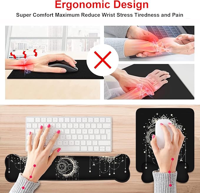 Wrist Rest Support Ergonomic Gel Mouse Pad and Memory Foam Keyboard Set Non-Slip Rubber PU Base for Home Office Working Studying Easy Typing &amp Pain Relief Celestial Theme Sun with Crescent Moon