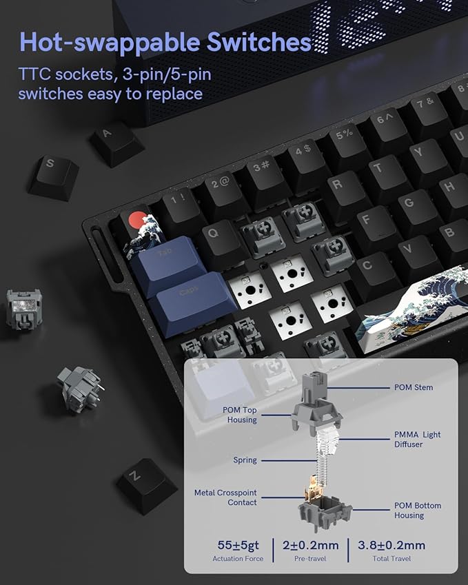 SK68 65% Gaming Keyboard Wired Backlit Mini Keyboard w/100% Hot-Swap Socket 68 Keys Aluminum Gaming Wired Keyboard for PC Laptop Game