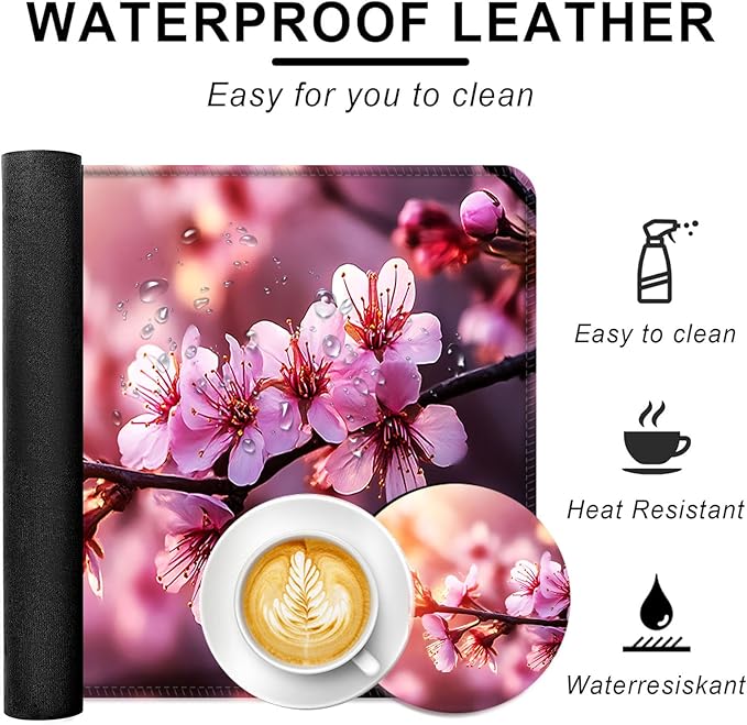 Large Keyboard Mouse Pad Set Extended Mouse Pad+Keyboard Wrist Rest Support Memory Foam Ergonomic Easy Typing 4Pcs (31.5×11.8 in) Desk Pad Set for Office HomeCherry Blossom Floral