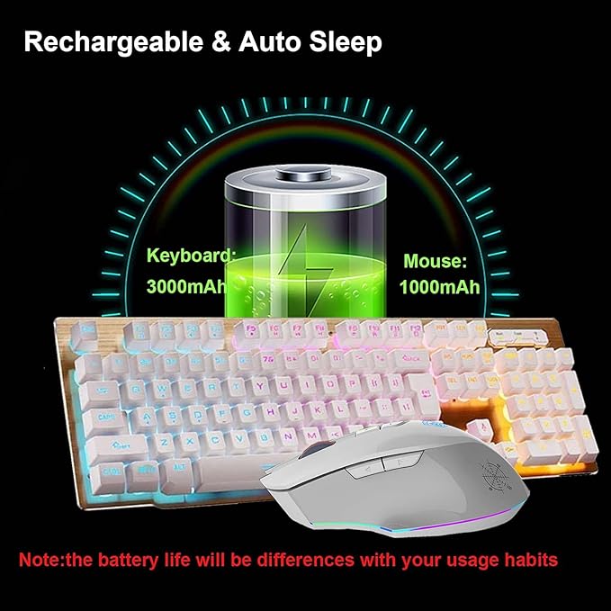 Rechargeable Gaming Keyboard Mouse Combo2.4G Wireless Backlit Mechanical Feeling Ergonomic Keyboards with Optical Mice Set for Computer Game (White)
