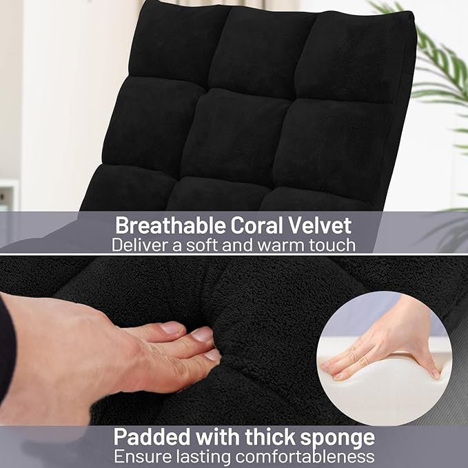COSTWAY Adjustable Gaming Chair Video Gaming Chairs with Back Support Alloy Steel Frame Soft Coral Fleece Lazy Sofa Lounge for Reading Living Room Recliner for Adults Kids Black