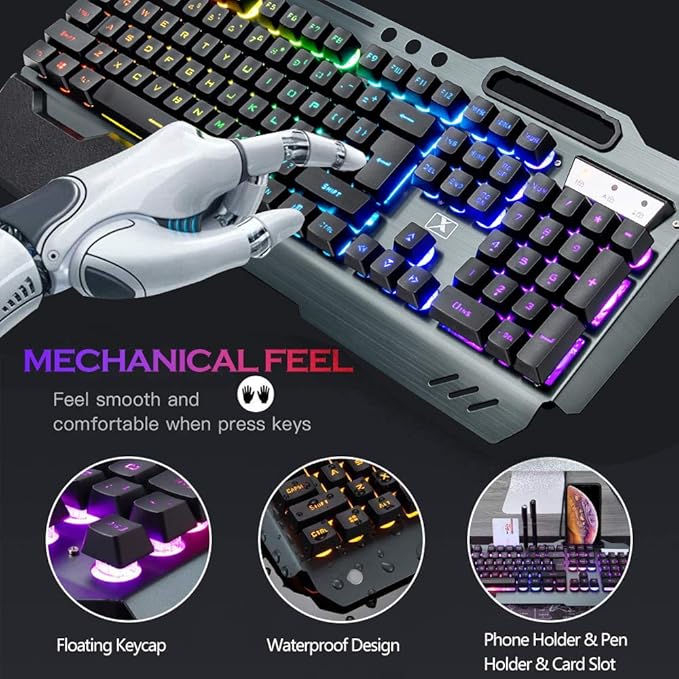 Wireless Gaming Keyboard and MouseRGB Backlit Rechargeable Keyboard Mouse with 5000mAh Battery Metal PanelRemovable Hand Rest Mechanical Feel Keyboard and 7 Color Gaming Mute Mouse for PC Gamer