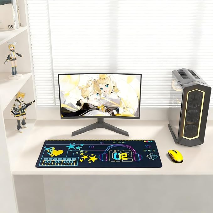 Mouse Mat Collaboration Series Kagamine Rin &amp Len 35.4x15.7 Inch Extended Gaming Desk Pad Non-Slip Rubber Base