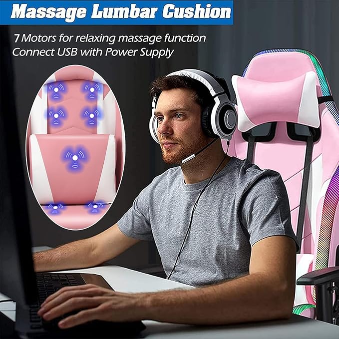 TBQATNTS RGB LED Gaming Chair with Seven-Point Massage FunctionComputer Chair with SpeakersErgonomic Chair with Footrest and Lumbar Support90°-180° Tilt Office ChairRed
