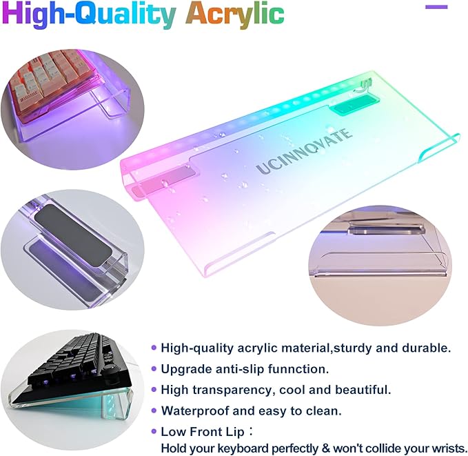 UCINNOVATE Dream Color Acrylic Computer Keyboard Stand LED Backlit Keyboard Stand Tray 80% Gaming Keyboard USB Interface Titled Keyboard Stand for Easy Ergonomic Typing and Working Office Desk Home