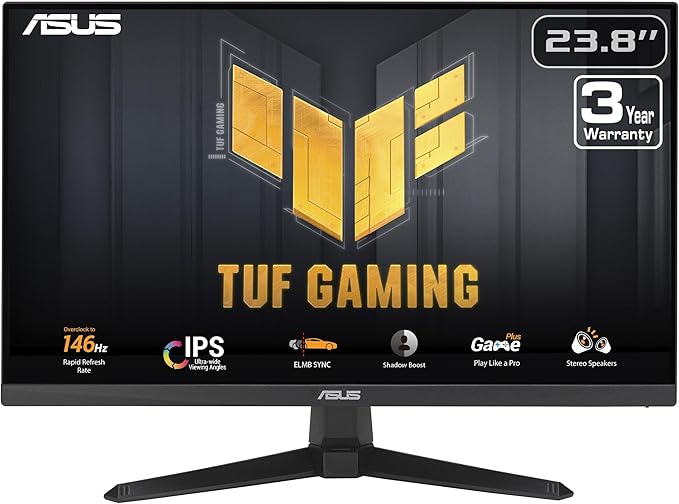 ASUS TUF Gaming 24” (23.8” viewable) 1080P Monitor (VG249QE5A) - FHD 144Hz Overclock to 146Hz IPS Extreme Low Motion Blur Sync 1ms Speakers Variable Overdrive DisplayWidget Center 3yr Warranty