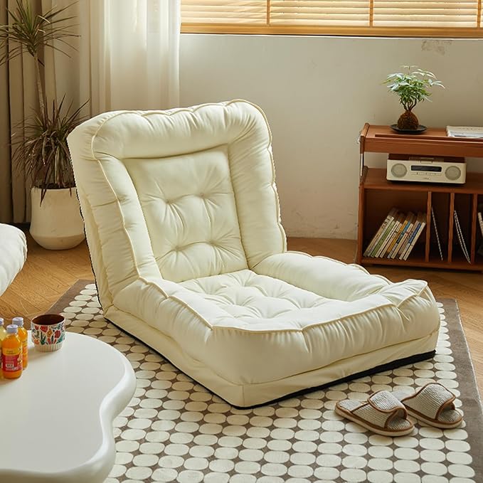 Folding Floor Chairs Video Gaming Chair for Adults Adjustable Chaise Lounge Indoor Padded Floor Seating with Back Support 5-Position Comfy Meditation Chair for Bed Beige B-120 * 60CM