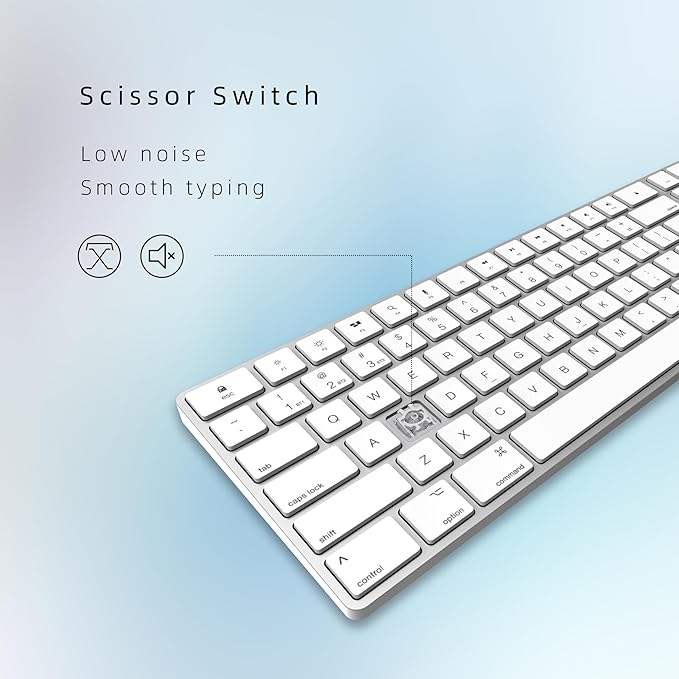 Bluetooth Slim Keyboard for Mac Aluminum Rechargeable Keyboard Wireless Low-Profile Silent Flat Key Compatible with Apple iMac MacBook Mac and iOS Full Size - Silver White