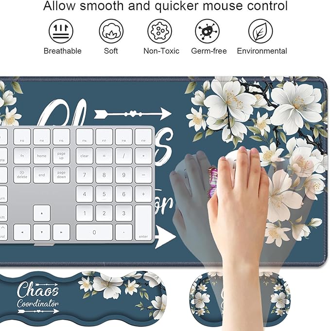 4 in 1 Ergonomic Keyboard Wrist Rest &amp Mouse Pad Wrist Rest Set Large XXL Gaming Desk Mat 31.5x 11.8 with Non-Slip Base Memory Foam for Home Office Study Gaming Floral Quote Chaos Coordinator